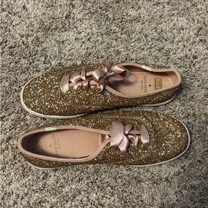 Keds Gold Glitter Sneakers with Pink Satin Ribbon Laces